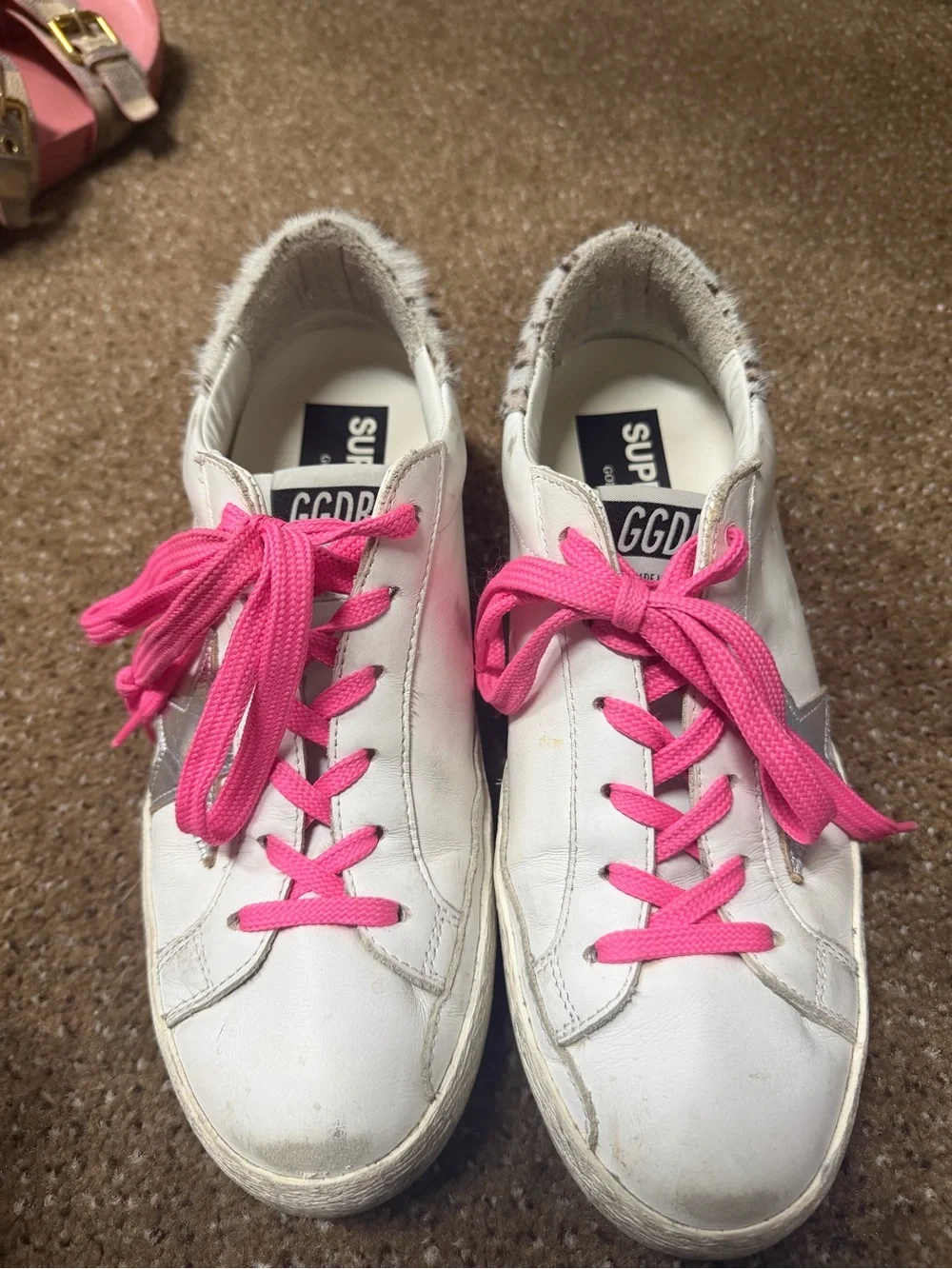 White Leather Golden Goose Star Sneakers with Pink Laces